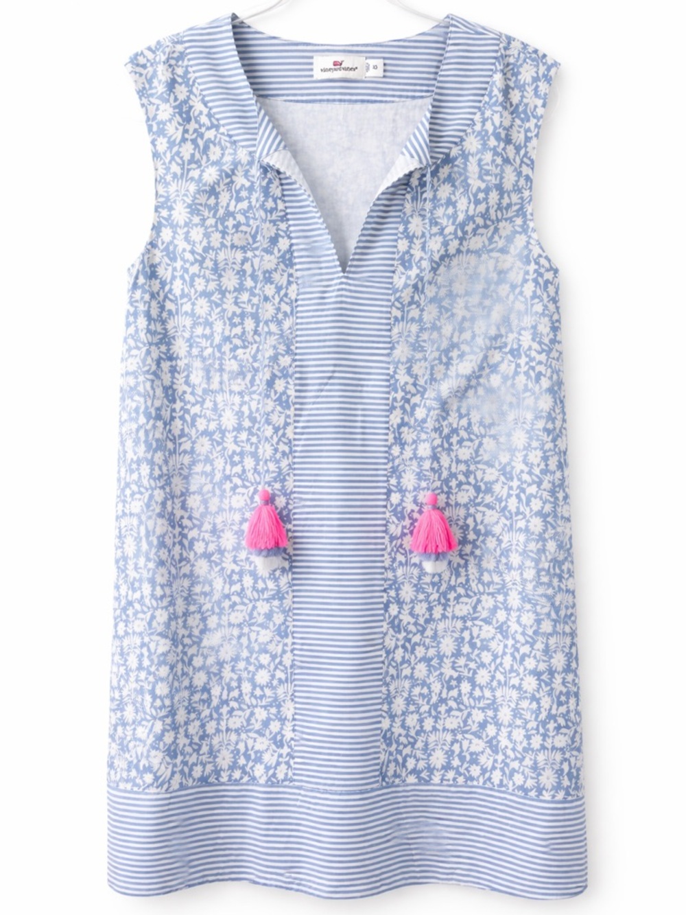Vineyard Vines Blue White Stripe Floral Tunic Dress with Pink Tassels XS